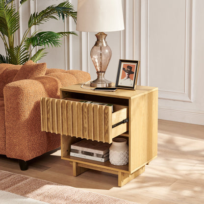 23.4" Mid Century Modern Grille Slat Nightstand with Hidden Charging Station USB Ports & Outlet Hole, Farmhouse End Table with Open Space and Drawer Dresser, Natural