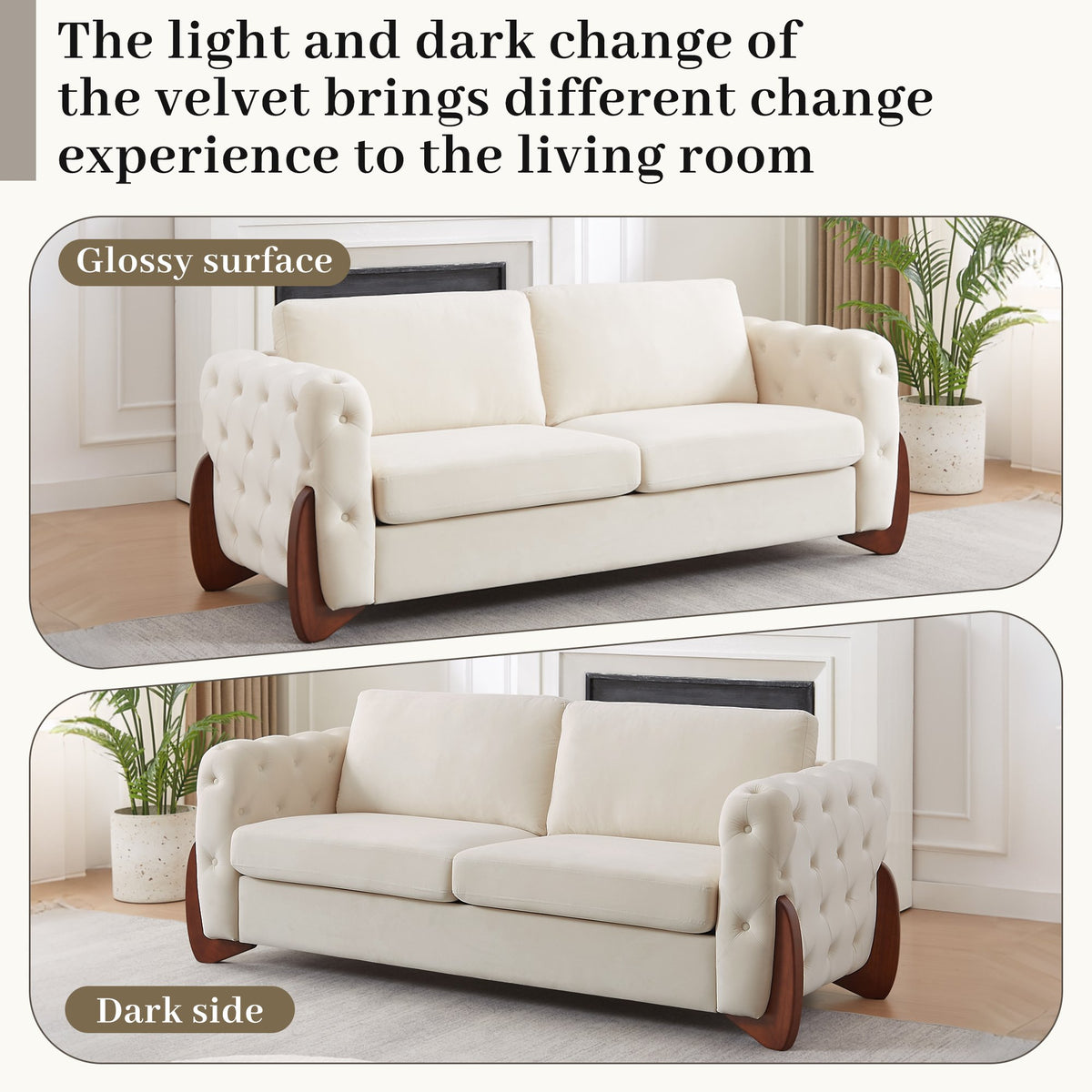 84-inch Classic Velvet Sofa With Button-tufted Detailing Features Curved Wooden Legs, Stylish Curved Armrests, Two Back Cushions, and Two Seat Cushions for the living room.