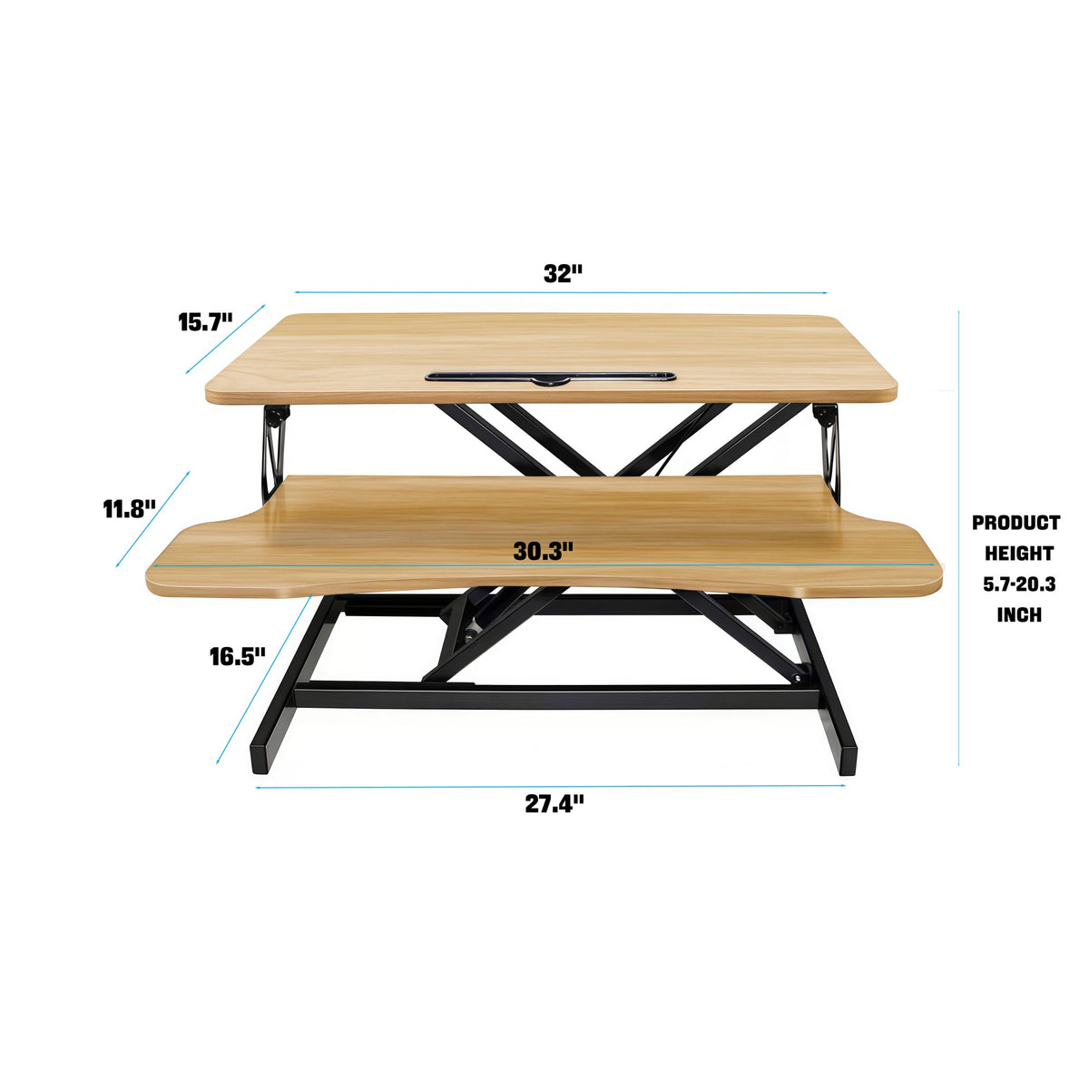 32 Inch Desk Converter, Height Adjustable Sit to Stand Riser, Dual Monitor and Laptop Workstation with Wide Keyboard Tray