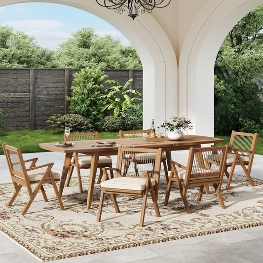 7 Piece Expandable Outdoor Dining Set with Acacia Wood Table and Rope Back Chairs,Teak