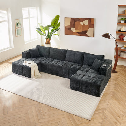 132" U-Shaped Chenille Sectional Sofa, Cloud Style Boneless Sofa with Lounges, Modern Upholstered Couch with Cup Holders & Side Pockets, Compression Sofa for Living Room, No Assembly Required,Black