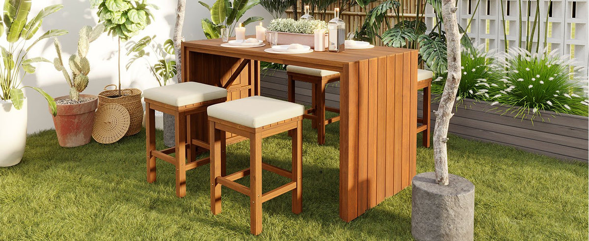 5 Piece Outdoor Bar Set, Patio Acacia Wood Bar Height Table & Four Stools with Cushions, Wood Dining Bar Set, Beige Cushion and Natural Wood