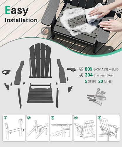 Adjustable HDPE Adirondack Chair, Grey, 3-Position Reclining ,Foldable, Cup & Phone Holders, All-Weather Outdoor