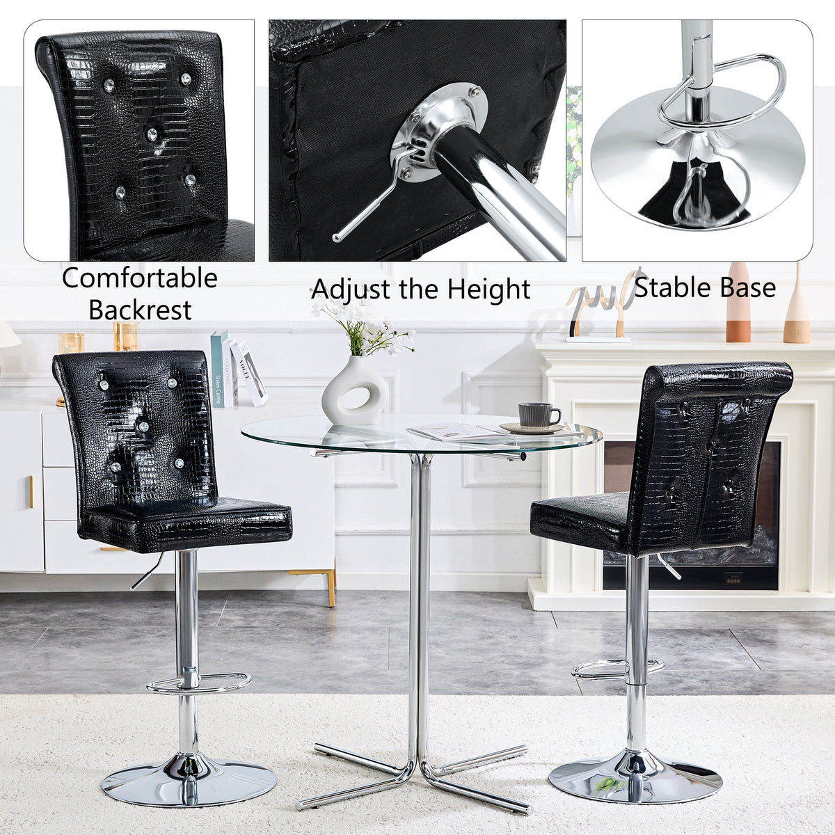 A set of 2 black vintage crocodile leather lift bar chairs, featuring crystal clasp design and synthetic leather design, adding a touch of elegance and mystery to the dining area