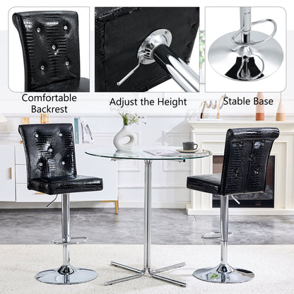 A set of 2 black vintage crocodile leather lift bar chairs, featuring crystal clasp design and synthetic leather design, adding a touch of elegance and mystery to the dining area