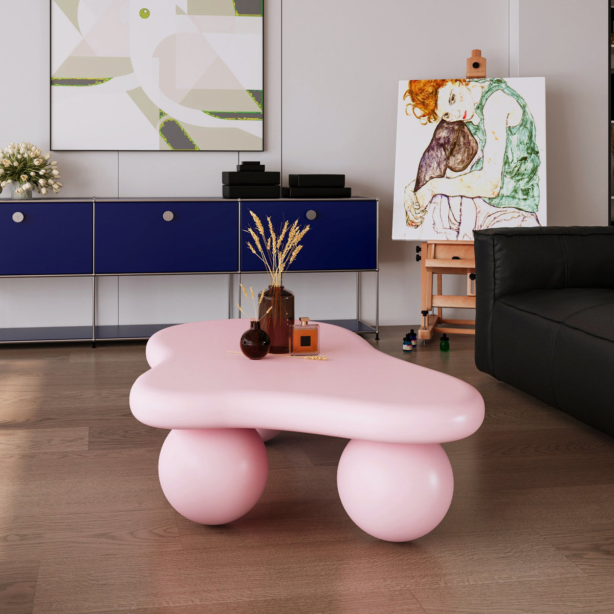 47 Inch Cloud Shaped Coffee Table, Low Coffee Table with 3 Ball Legs, Pink