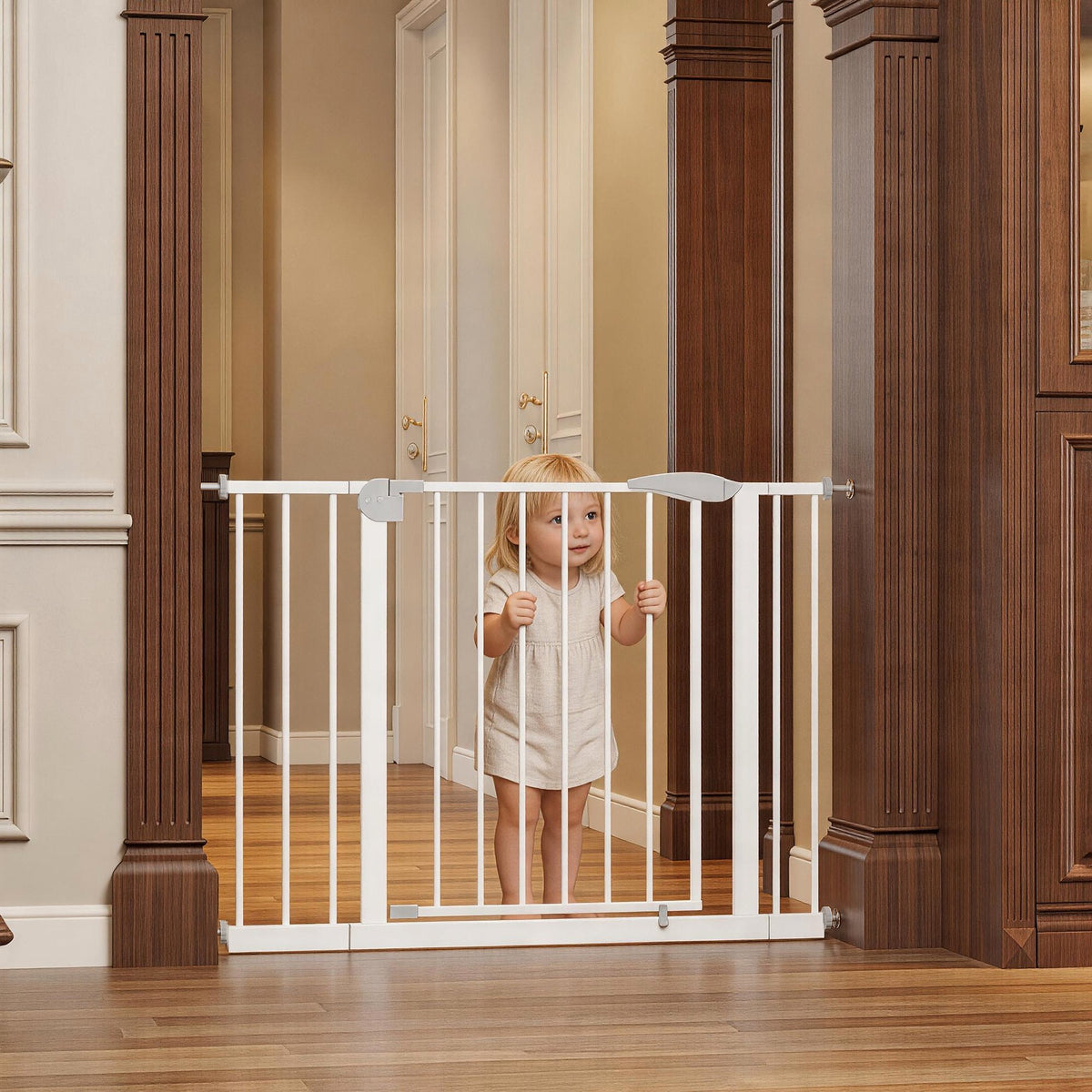 29.5-44.1" Wide Baby Gate for Stairs, Dog Gate Indoor for Doorways, No Drilling Pressure Mounted Pet Gates for Kids, Easy Walk Through Safety Gate, White