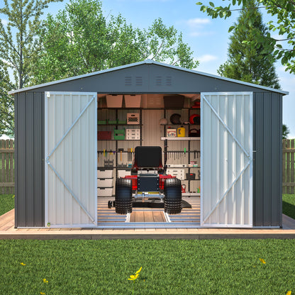 11x13 FT Metal Storage Shed with Reinforced Floor Frame Large 140.5 ft² Outdoor Garden Tool House Lockable Doors & 4 Air Vents Weatherproof