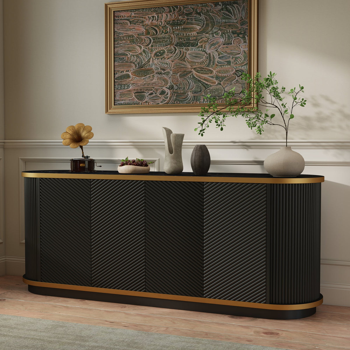 63" Diagonal Fluted Sideboard Cabinet with Storage, 4-Door Buffet Credenza TV Stand with Gold Trim, Black Faux Marble-Top Console Table, Modern Storage Cabinet for Dining Room, Living Room, Black