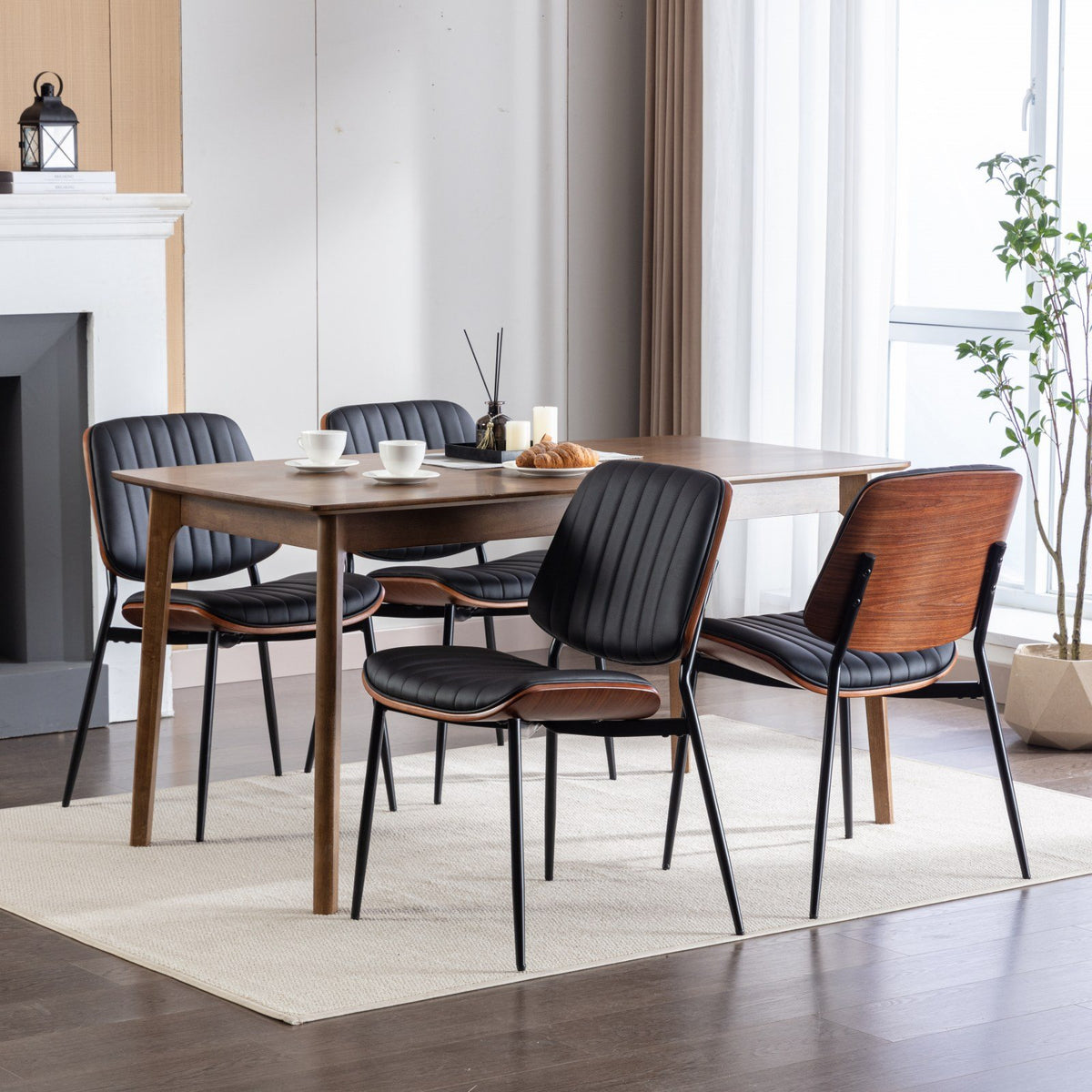 A&A Furniture, Dining Chairs Set of 2 Mid Century Modern Retro Faux Leather Chair with Walnut Bentwood Back Upholstered Seat Metal Legs – Black