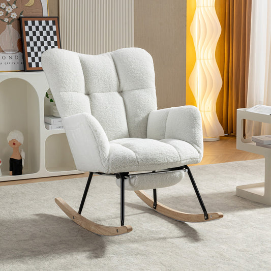 067-Teddy Fabric Leisure Rocking Chair With Adjustable Footstool, Nursery Rocking Chair, High Backrest, Storage Pocket On The Right Side