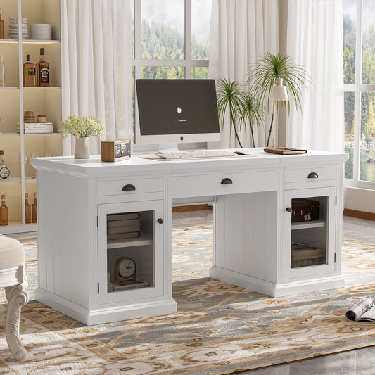 67" Modern Executive Desk,Computer Desk with 2 Glass Doors Storage Cabinet and 3 Drawers, Rectangle Home Office Desk  ,Reading Desk,Writing Table,Workstation for Home Office,Living Room,Study,White
