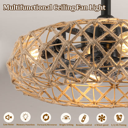 19" Hemp Rope Woven Ceiling Fan with 4 bulbs, Dimmable, 7 Blades, Reversible DC motor.