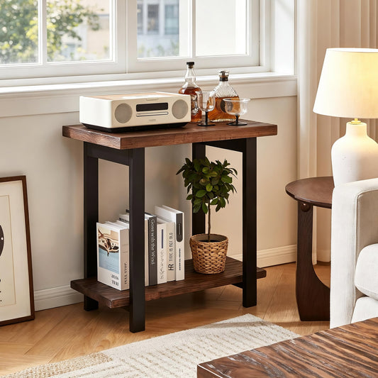 2-Tier Industrial End Table, Solid Wood Side Table with Distressed Pine Tabletop & Rubber Wood Legs, Farmhouse Storage Sofa Side Nightstand for Living Room Bedroom Entryway