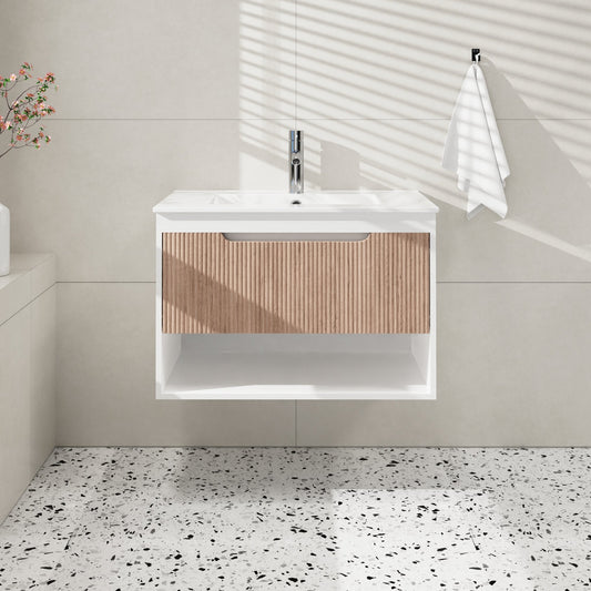 30" Floating Bathroom Vanity with Ceramic Sink, Wall-Mounted Modern Vanity Combo with Fluted Wood-Grain Drawer and Open Shelf, Soft-Close Single Drawer Storage, White and Oak
