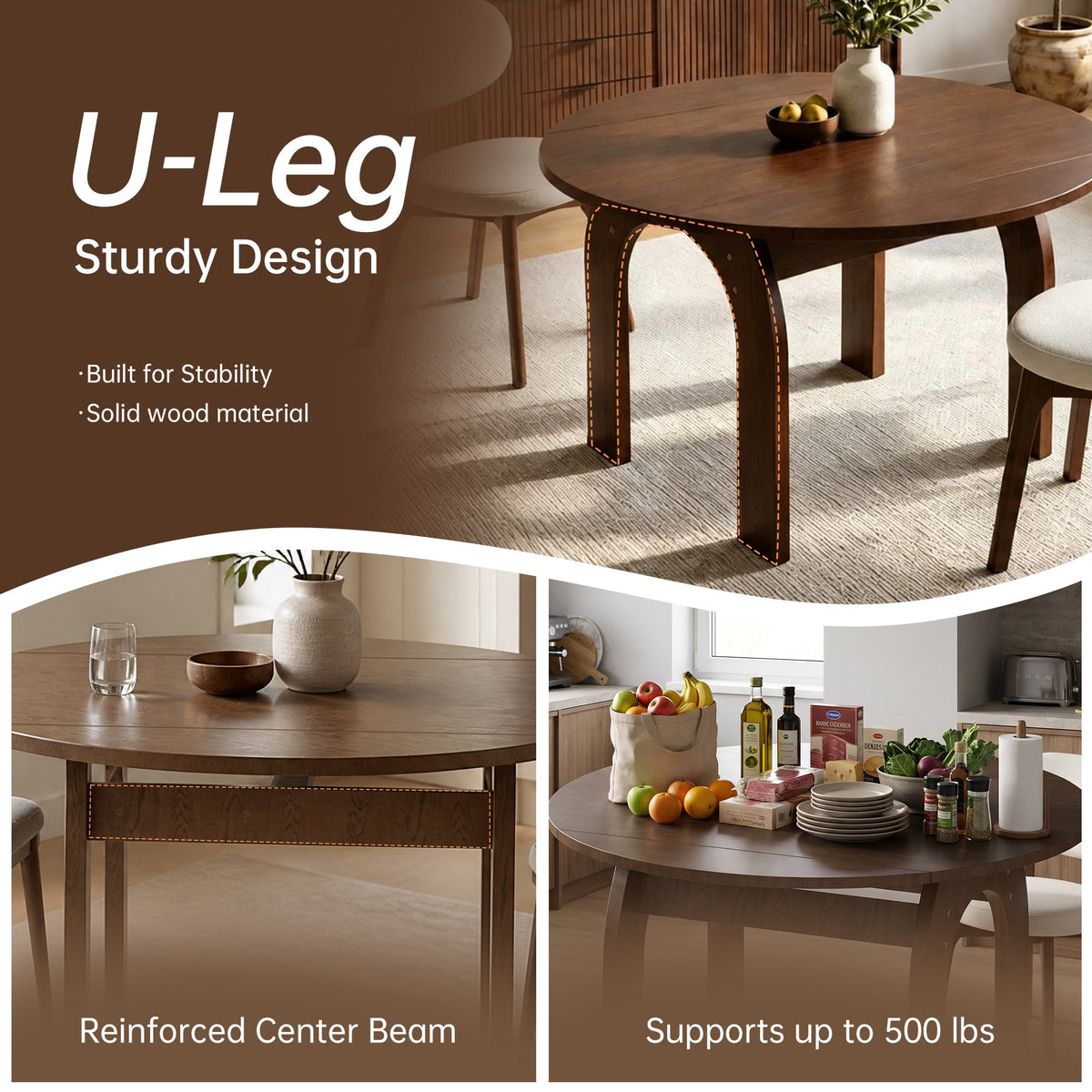 51.2" Solid Wood Extendable Dining Table, Converts Oval to Round with Walnut Finish, Sturdy Arch-Shaped Legs & Drop Leaf Design, Farmhouse Kitchen Table for Small Spaces, Easy Assembly