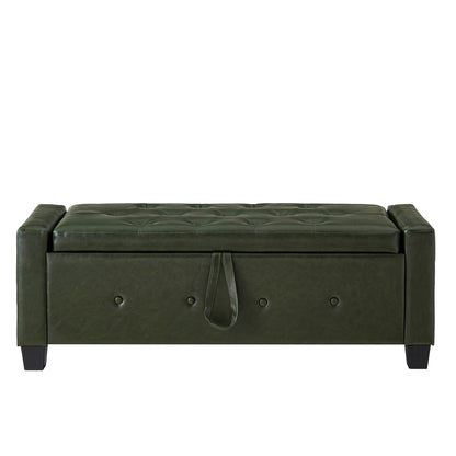 48" Ottoman Bench with Storage, Upholstered Tufted Faux Leather PU Ottoman Dark Green