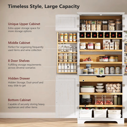 K&K 78.2" Tall Farmhouse Kitchen Pantry Cabinet with 8 Door Shelves, Storage Cabinet with 4 Adjustable Shelves, Hidden Drawer, Wine Rack