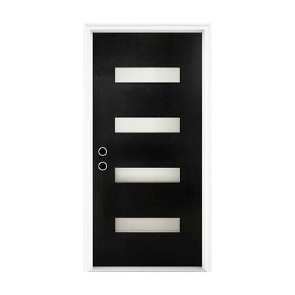 36 x 80 Inch FRP Entry Door with Frosted Glass - Contemporary Style for Home's Front Entrance, Right Hand Inswing, Black Finished Fiber Reinforced Panel Door
