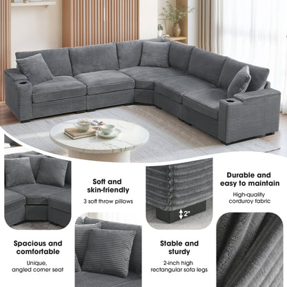 104" Convertible L-Shaped Sectional Sofa, Corduroy Corner Couch with Armrest Storage, Cup Holders, USB Charger, Irregular Corner