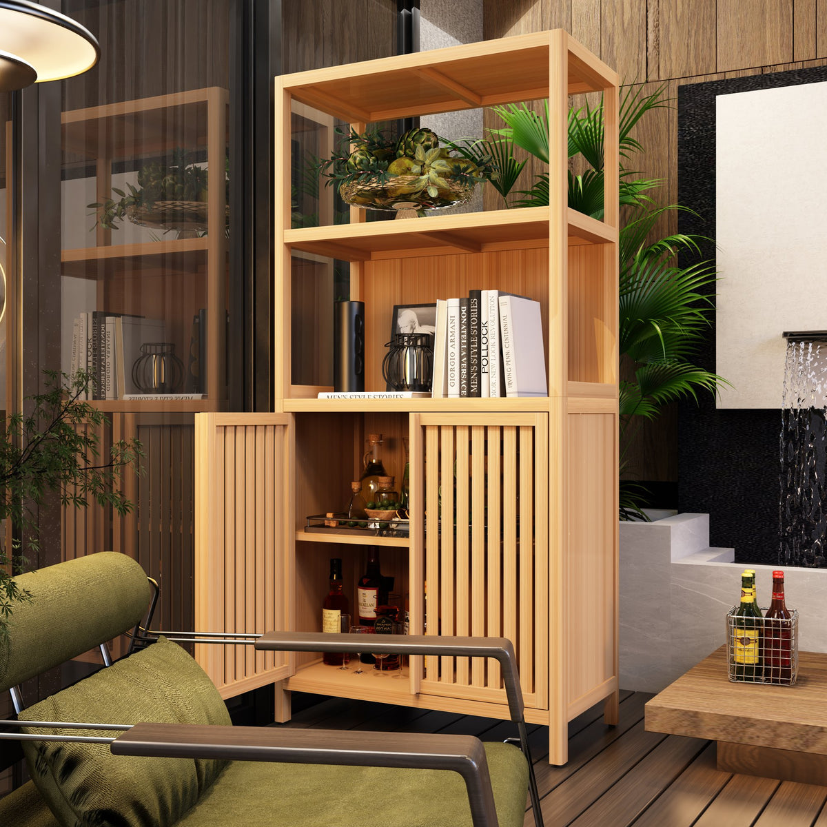 Bamboo Storage Cabinet, Freestanding Bathroom Cabinet with 2 Doors, Floor Cabinet Organizer