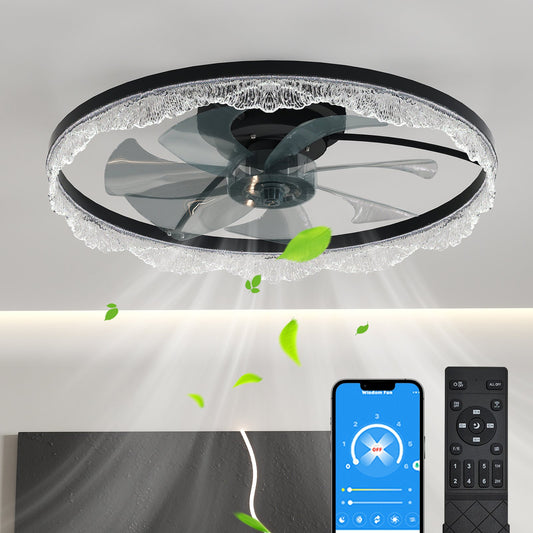 24" Decorative LED Ceiling Fan Light - Modern Flush Mount with Acrylic Ring, Hidden Blades, Remote Control - Black