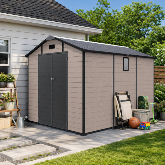 8x10 FT Plastic Outdoor Storage Shed - Lockable Resin Tool Shed with Window & Floor, Champagne