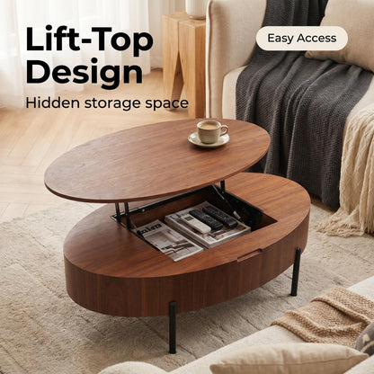 43.3-inch height-adjustable coffee table with solid wood veneer; modern-style coffee table with storage and adjustable height, suitable for living rooms, bedrooms, flats or offices; walnut colour