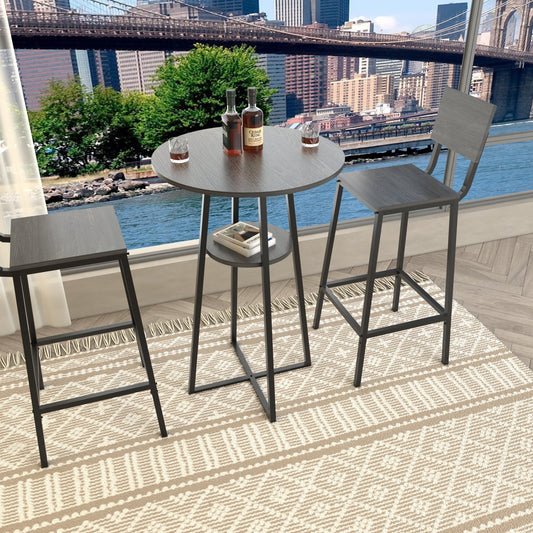 3 Piece Bar Table Set with 2 Bar Stools, Round Pub Height Bistro Table with Storage Shelf, Industrial Counter Height Dining Set for Kitchen, Apartment, Balcony & Cafe