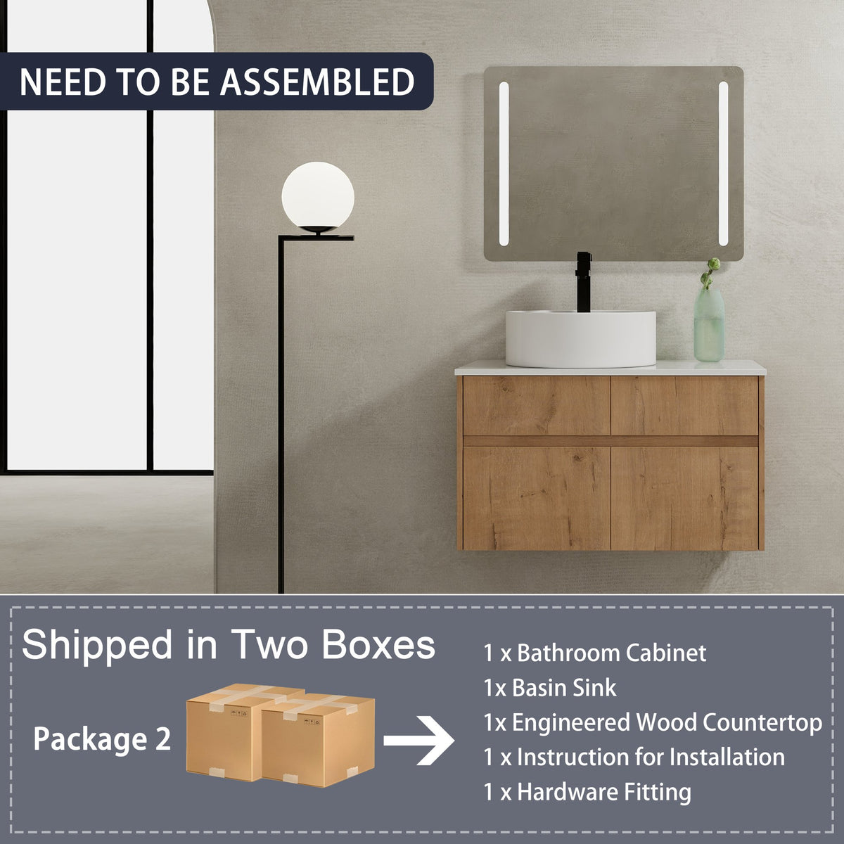 32(31-1/2") Inch Wall-Mounted Bathroom Vanity with Ceramic Art Sink and Countertop Flat Plate, 2-Soft Close Doors and 1-Drawer, KD-Packing, Plywood - BAB3098MOWH