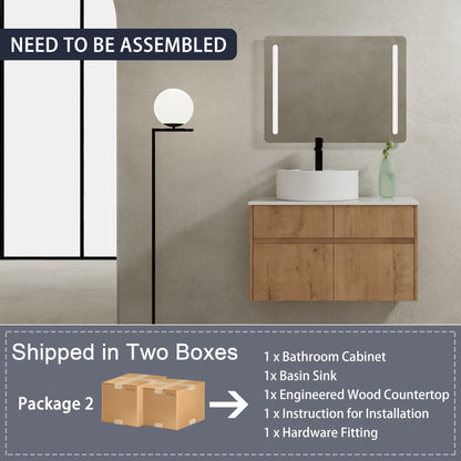 32(31-1/2") Inch Wall-Mounted Bathroom Vanity with Ceramic Art Sink and Countertop Flat Plate, 2-Soft Close Doors and 1-Drawer, KD-Packing, Plywood - BAB3098MOWH