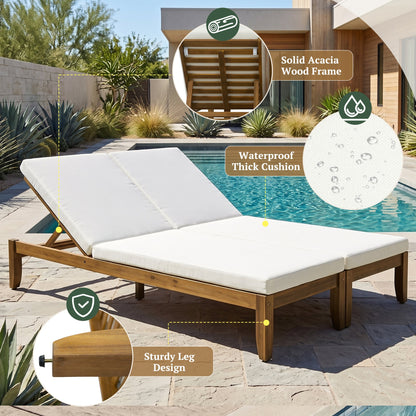 Adjustable Outdoor Patio Lounge Chair Two Seater Outdoor Recliner Patio Double Chaise Lounge with Weather-Resistant Pool Lounge Chair for Patio, Natural+Beige Cushion