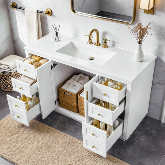 48" Bathroom Vanity with Sink Top,  Freestanding MDF Vanity Cabinet with 6 Drawers and 2 Soft-clsoe Doors, Gold Handles, Smooth Painted Finish, White