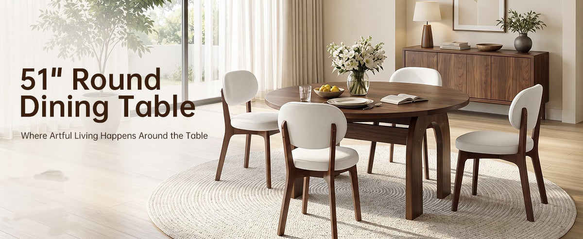 51.2" Solid Wood Extendable Dining Table Set with 4 Upholstered Chairs, 5 Piece Farmhouse Dinner Set with Walnut Finish & Arch Legs, Drop Leaf Converts Oval to Round for Small Spaces, Easy Assembly