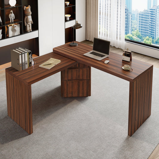 90" Modern L Shaped Desk in Walnut with 3 Drawers,360° Wood Rotating Desk,Executive Office Desk,Corner Desk,Office Study Workstation,for Home Office or Living Room