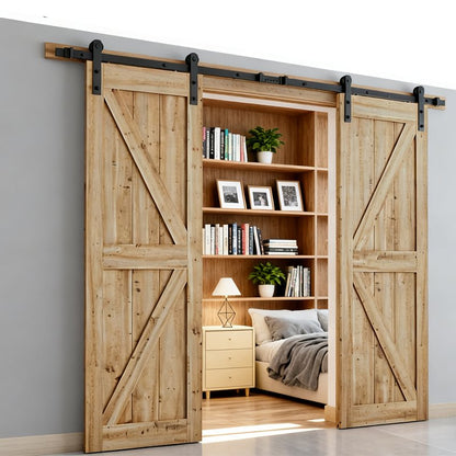 12FT Wood Double Sliding Barn Door Hardware Basic Black Big Spoke Wheel Roller Kit, 5-18FT for Choose