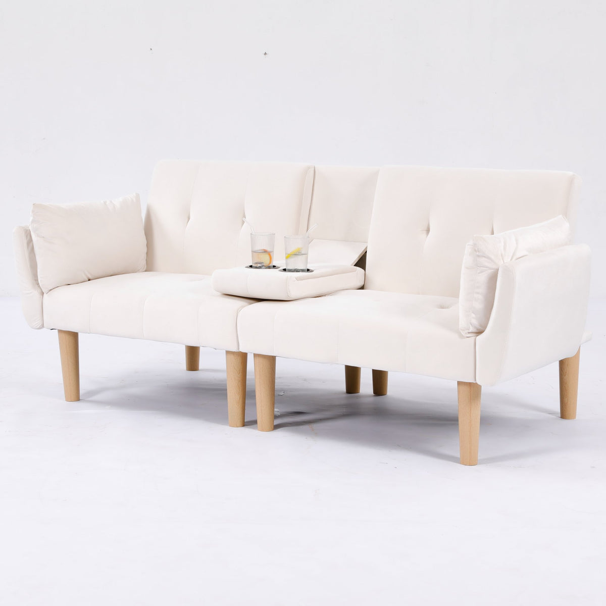72 Inch Foldable Beige Double Sofa, Soft Velvet Upholstery, Comfortable Leisure 2‑Person Couch for Living Room Apartment.
