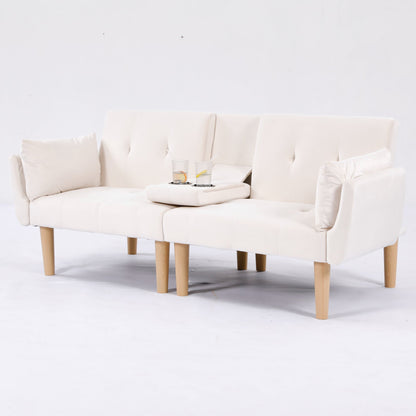 72 Inch Foldable Beige Double Sofa, Soft Velvet Upholstery, Comfortable Leisure 2‑Person Couch for Living Room Apartment.