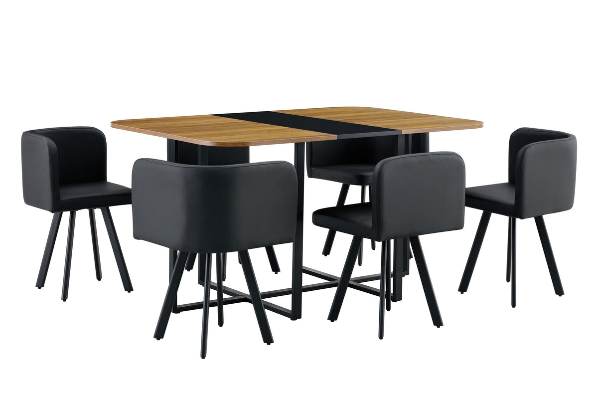 7-Piece Dining Table Set for 6, 1 Table & 6 Black PU Upholstered Chairs, Black & Wood Grain Melamine Table, Modern Kitchen Nook Set