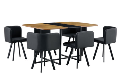 7-Piece Dining Table Set for 6, 1 Table & 6 Black PU Upholstered Chairs, Black & Wood Grain Melamine Table, Modern Kitchen Nook Set