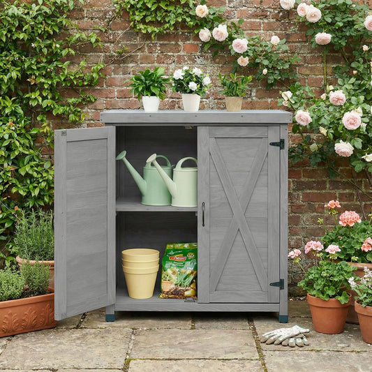 Potting Bench with Storage Cabinet and Metal Table Top for Outdoor Patio, Outdoor Work Station Table – Gray