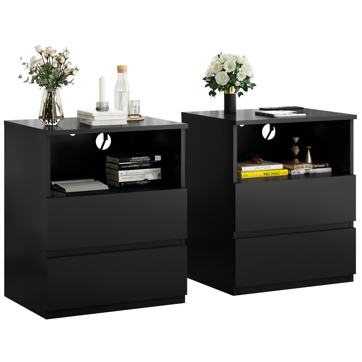 (Set of 2)End Table with Fast USB C Charging Station, Sofa Side Table with 2 Drawers, Large Storage Modern Wood Storage Cabinet, Black