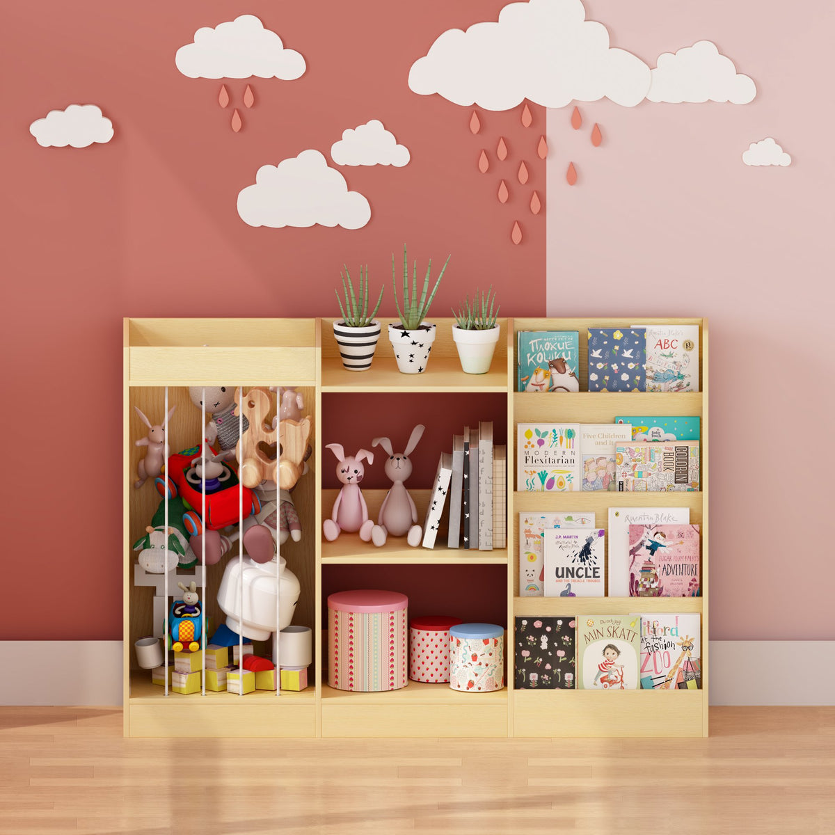3-in-1 Kids Bookshelf and Toy Storage, 4-Tier Book Shelf for Kids Rooms, Sling Baby Bookcase with Stuffed Animal Storage, Toddler Montessori Bookshelf for Nursery, Playroom, Kindergarten, Natural