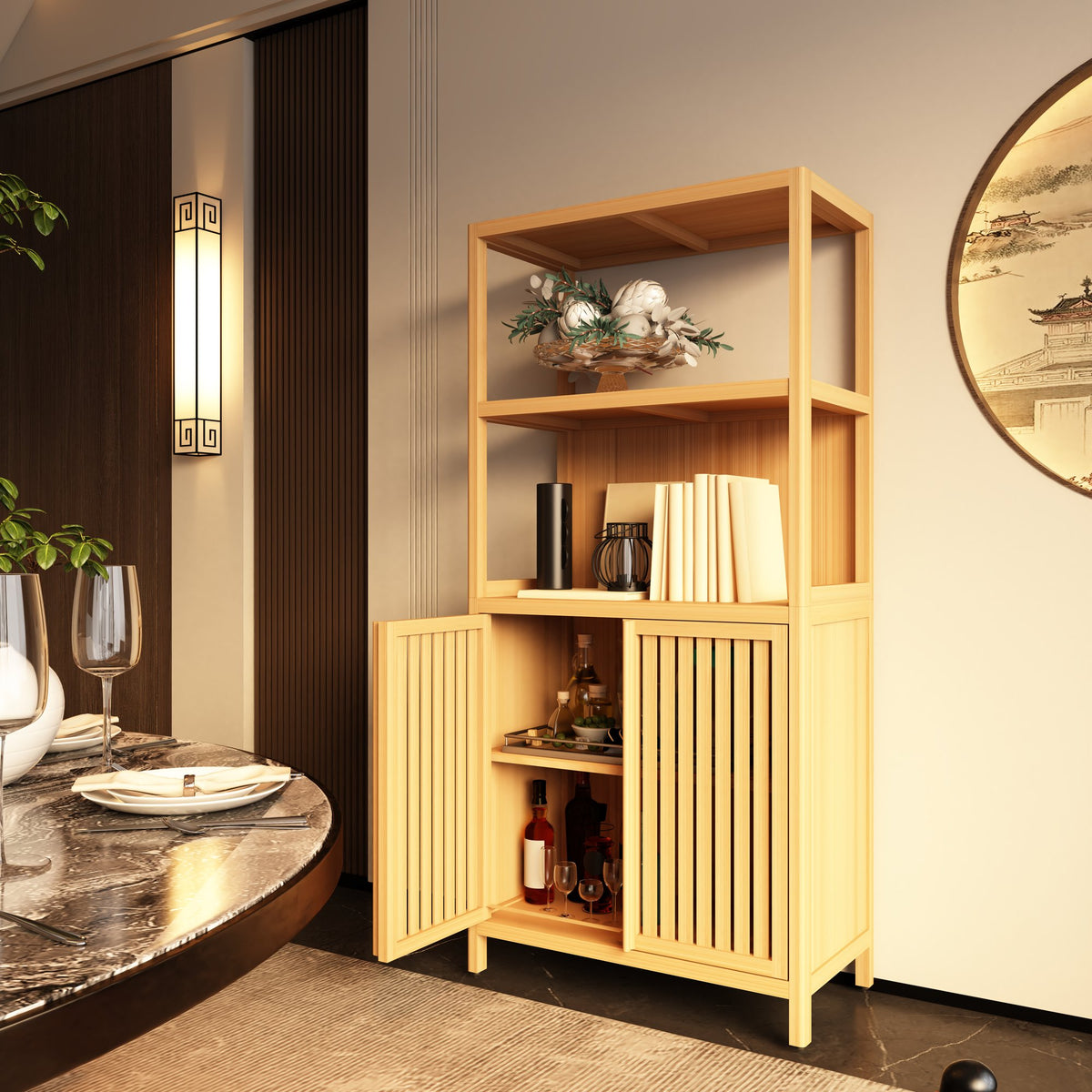 Bamboo Storage Cabinet, Freestanding Bathroom Cabinet with 2 Doors, Floor Cabinet Organizer