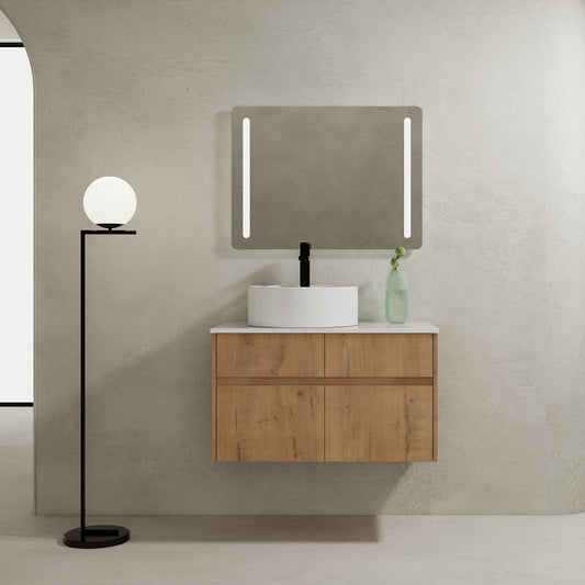 32(31-1/2") Inch Wall-Mounted Bathroom Vanity with Ceramic Art Sink and Countertop Flat Plate, 2-Soft Close Doors and 1-Drawer, KD-Packing, Plywood - BAB3098MOWH