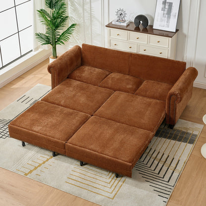 86" King Pull Out Sofa Bed, 3 in 1 Convertible Sleeper Sofa,Modern 3 Seat Couch with Nailhead Trim & Rolled Arm for Living Room, Apartment, Office, Caramel Chenille