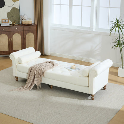 87.01"Wide Modern Upholstered End of Bed Bench with Armrests, Chenille Chaise Lounge Couch with 2 Bolster Pillows, Daybed with Rubberwood Legs For Living Room,Bedroom,Apartment,Guestroom, Beige