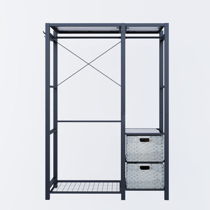 Acacia Wood Garment Racks with Shelves 2 Wicker Drawers and 4 Hooks Heavy Duty Closet Organizer for Hanging Clothes, Freestanding Closet Wardrobe Rack, Light Gray