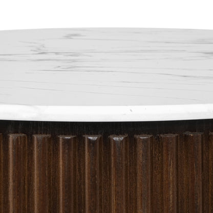 31.49'' Round Coffee Table with Storage, Modern Small Coffee Table with White Marble-Pattern Top & Solid Wood Fluted Base, Center Table for Living Room, Apartment, Office