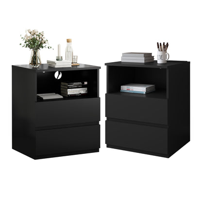 (Set of 2)End Table with Fast USB C Charging Station, Sofa Side Table with 2 Drawers, Large Storage Modern Wood Storage Cabinet, Black